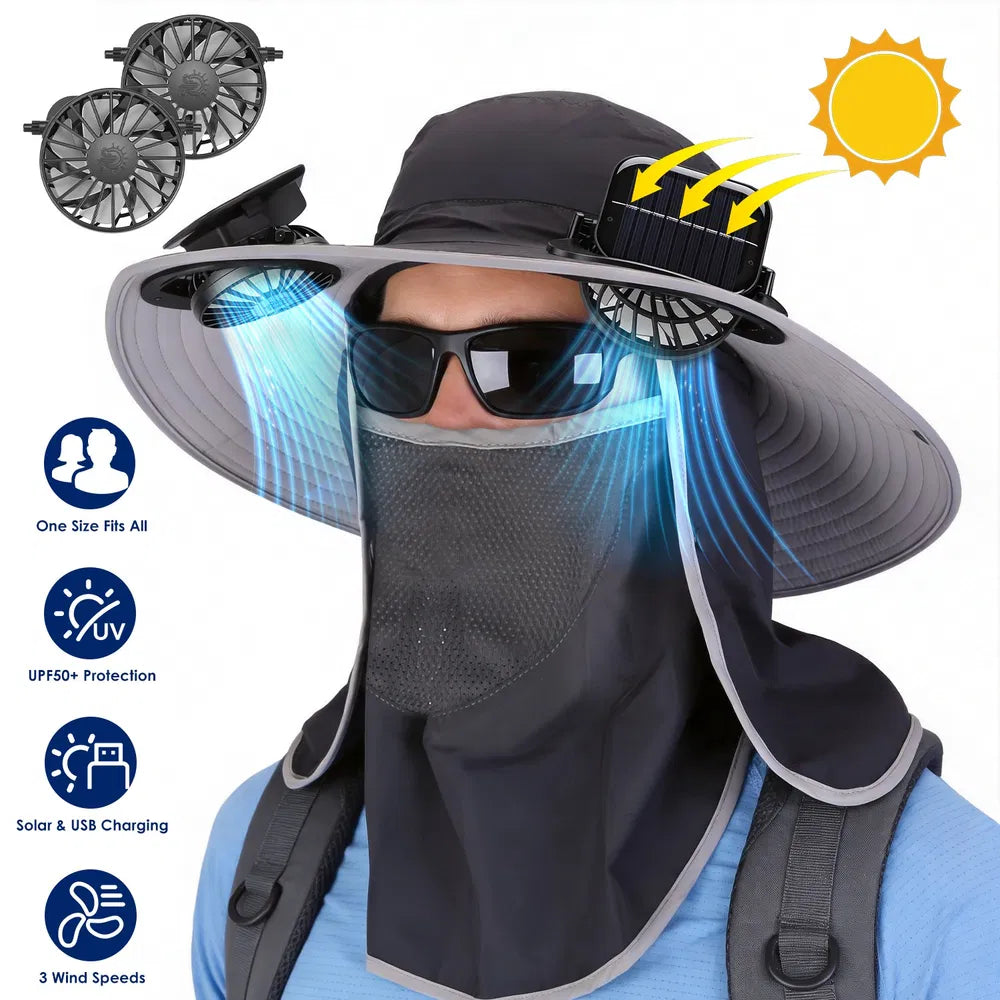 Solar & USB Fan Hat – UPF50, Wide Brim, Face Cover & Neck Flap, 4 Colors