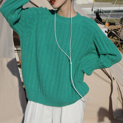 Women's Round-Neck Loose Knit Pullover Sweater – 5 Colors, One Size
