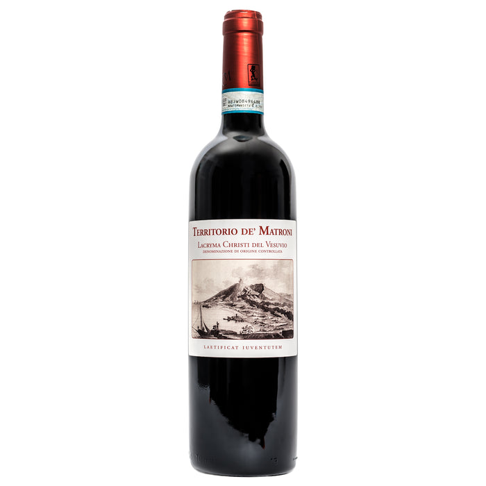 Red wine bottle with red capsule, label 'Territorio de Matroni' and 'Lacryma Christi'