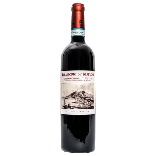 Red wine bottle with red capsule, label 'Territorio de Matroni' and 'Lacryma Christi'