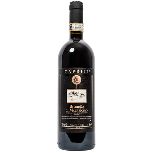 Caprili Brunello di Montalcino 2019 wine bottle with dark red label