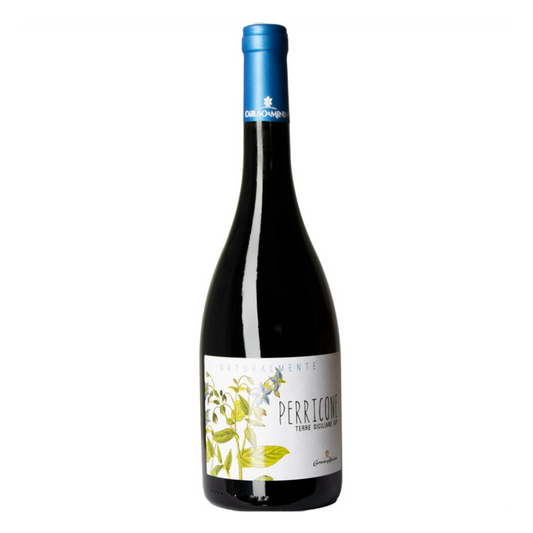 Dark wine bottle with blue foil cap and Perricone label with citrus leaves