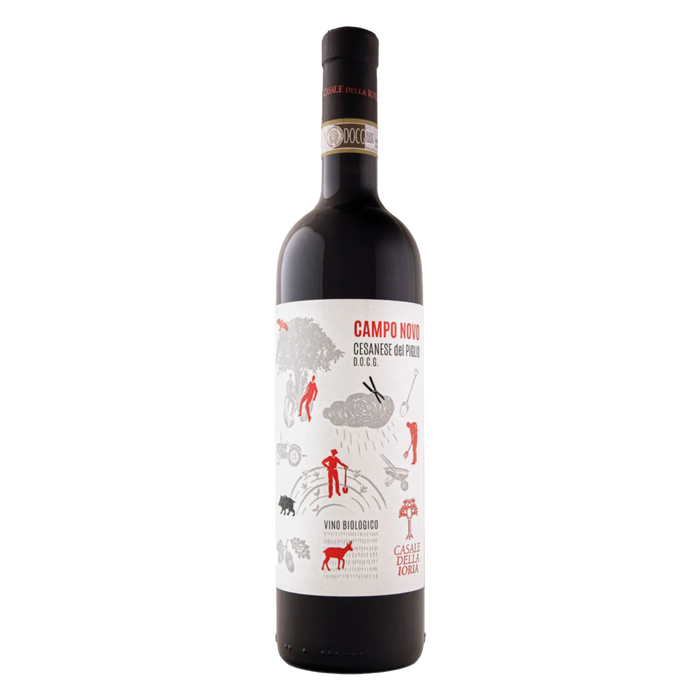 Dark glass Cesanese wine bottle with Campo Novo label, 2020 vintage, cork top