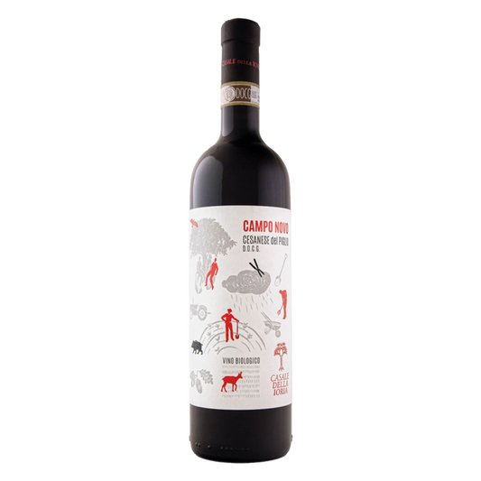 Dark glass Cesanese wine bottle with Campo Novo label, 2020 vintage, cork top