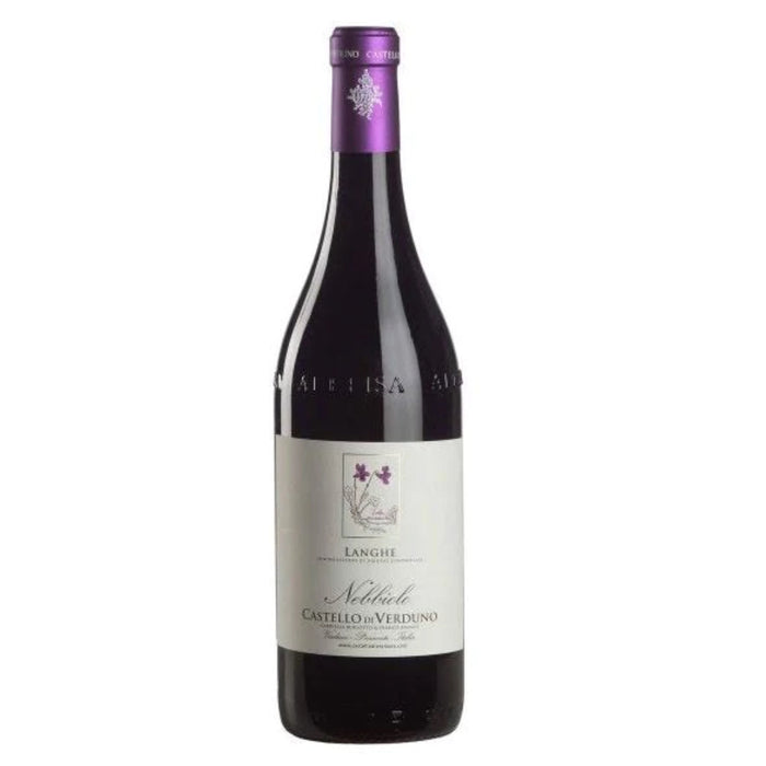 Nebbiolo Langhe red wine bottle with purple foil and front label