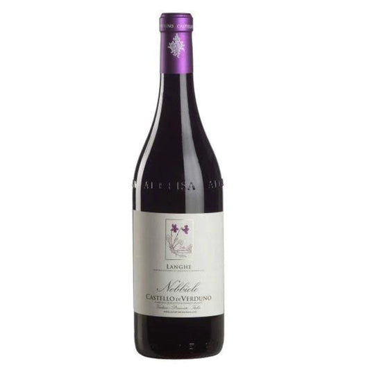 Nebbiolo Langhe red wine bottle with purple foil and front label