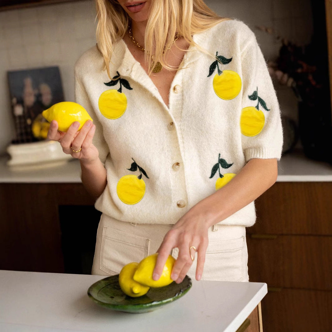 Women's Fruit Print Open-Front Knit Cardigan – Apricot