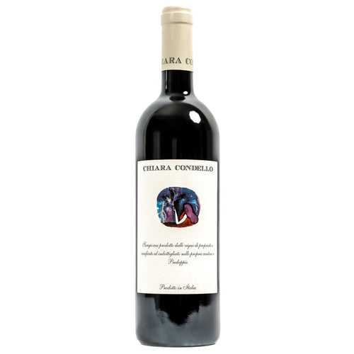 Chiara Condello Sangiovese 2020 wine bottle, cream label on dark red glass