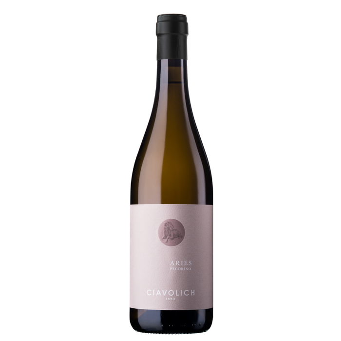 Ciavolich Aries Pecorino 2025 wine bottle with black cap and pale label