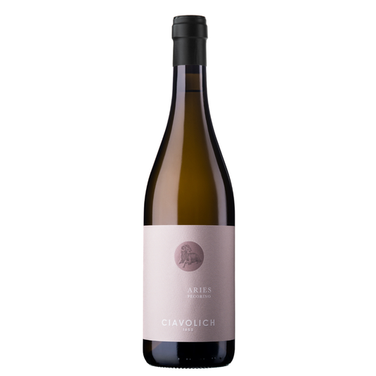 Ciavolich Aries Pecorino 2025 wine bottle with black cap and pale label