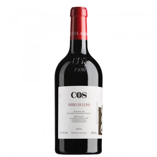 COS Nero di Lupo 2021 wine bottle with red cap and dark glass, front label visible