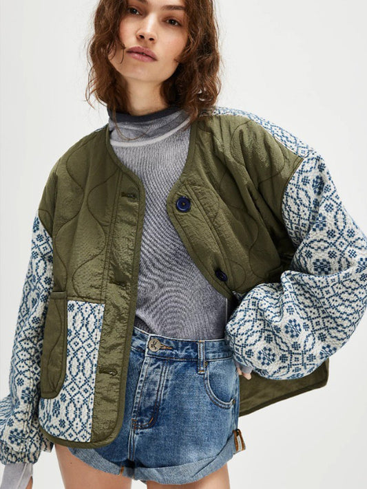 Women's Slim-Fit Quilted Patchwork Button Coat – Green