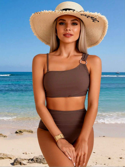 Women's Brown Asymmetric Metal Ring Two-Piece Swimsuit