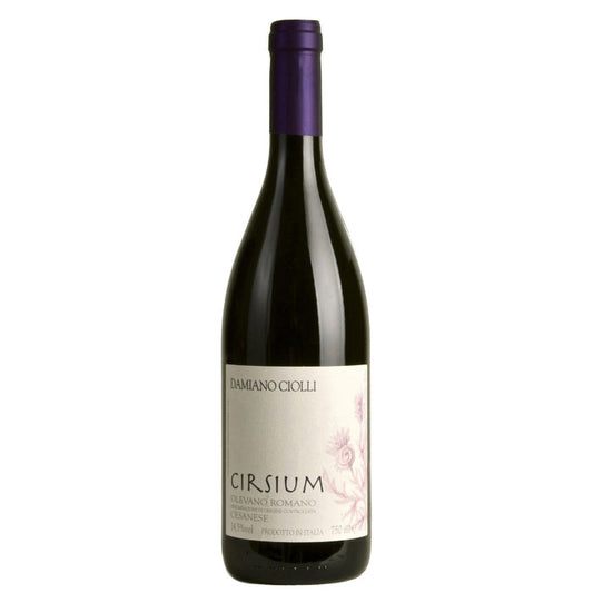 Damiano Ciolli Cirsium wine bottle with dark glass and purple cap, label centered