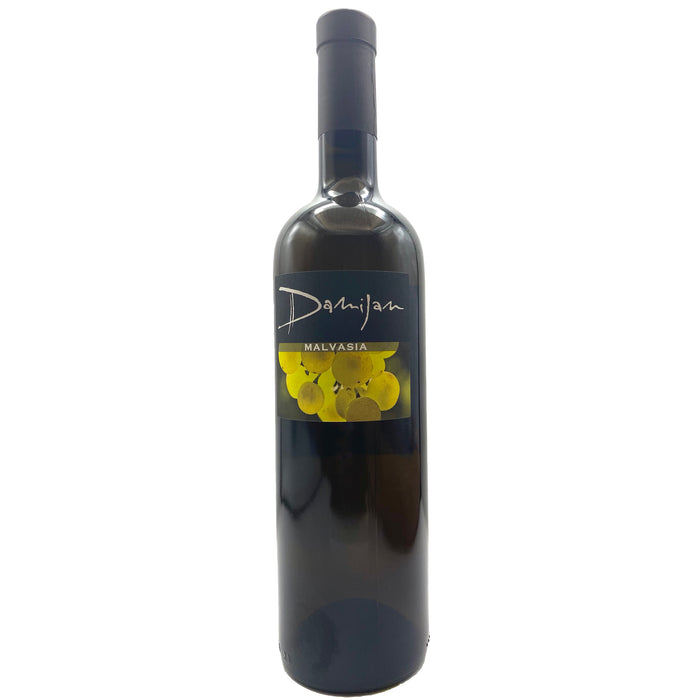 Malvasia wine bottle with dark glass and cream label with grape graphic