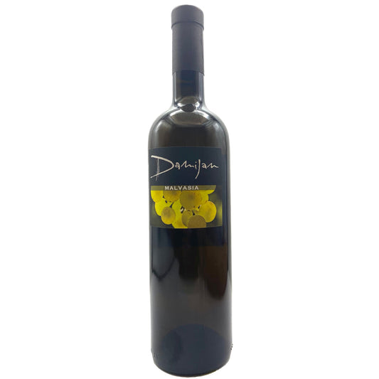 Malvasia wine bottle with dark glass and cream label with grape graphic