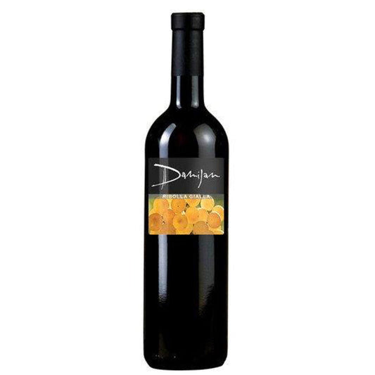 Damijan Ribolla Gialla 2021 wine bottle with dark glass and yellow label