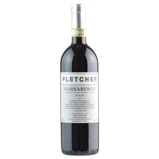 FLETCHER Barbaresco wine bottle with front label on dark glass