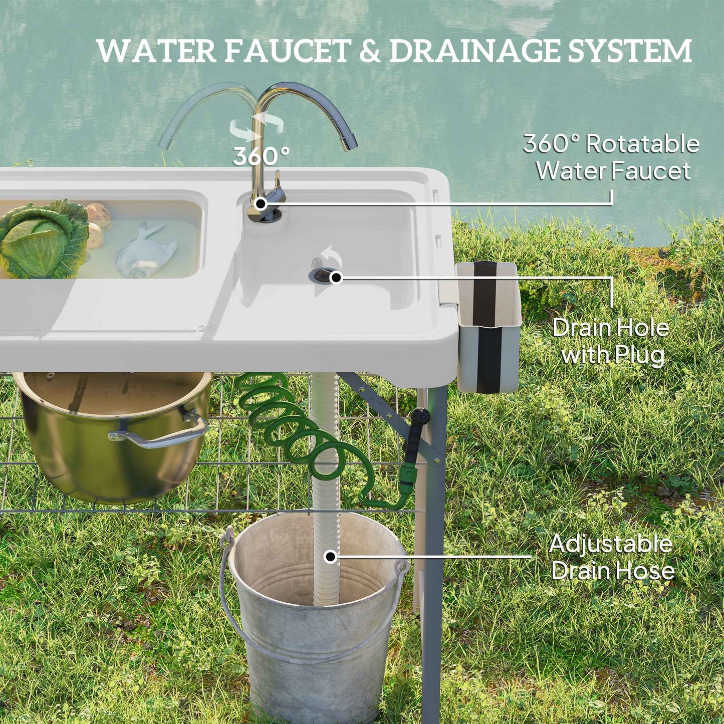 Deluxe Folding Fish Cleaning Table with Dual Sinks, Drawer & Storage Basket