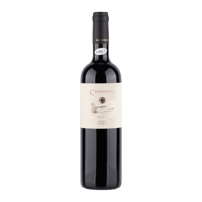Wine bottle with dark glass and beige Chimbanta label