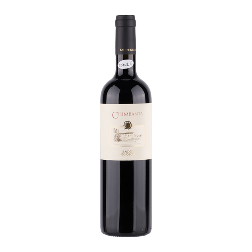 Wine bottle with dark glass and beige Chimbanta label