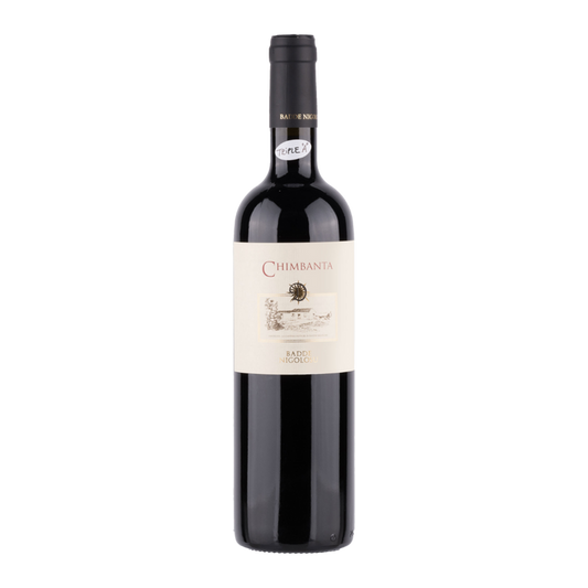 Wine bottle with dark glass and beige Chimbanta label