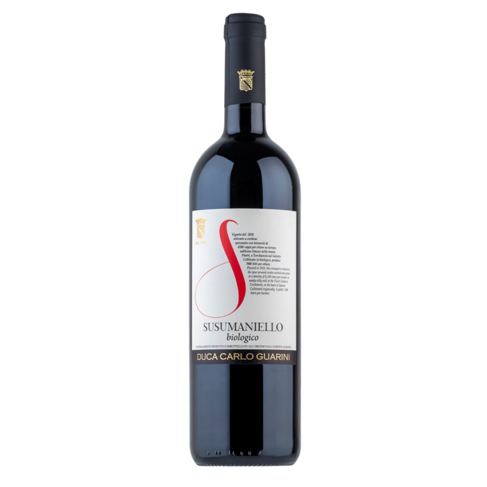 Dark glass Susumaniello wine bottle with label and foil cap