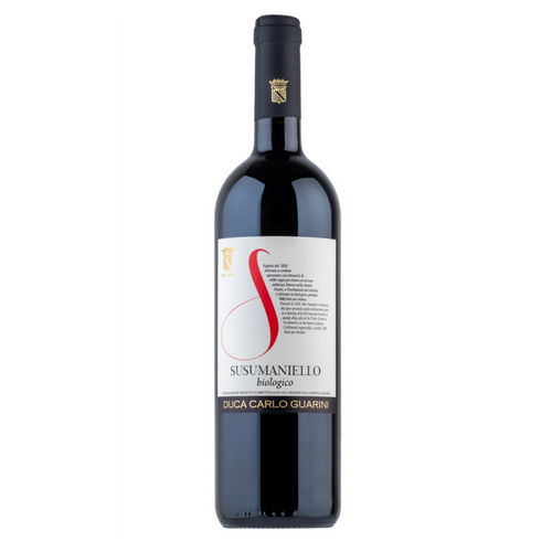 Dark glass Susumaniello wine bottle with label and foil cap