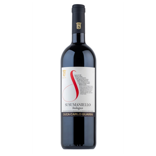 Dark glass Susumaniello wine bottle with label and foil cap