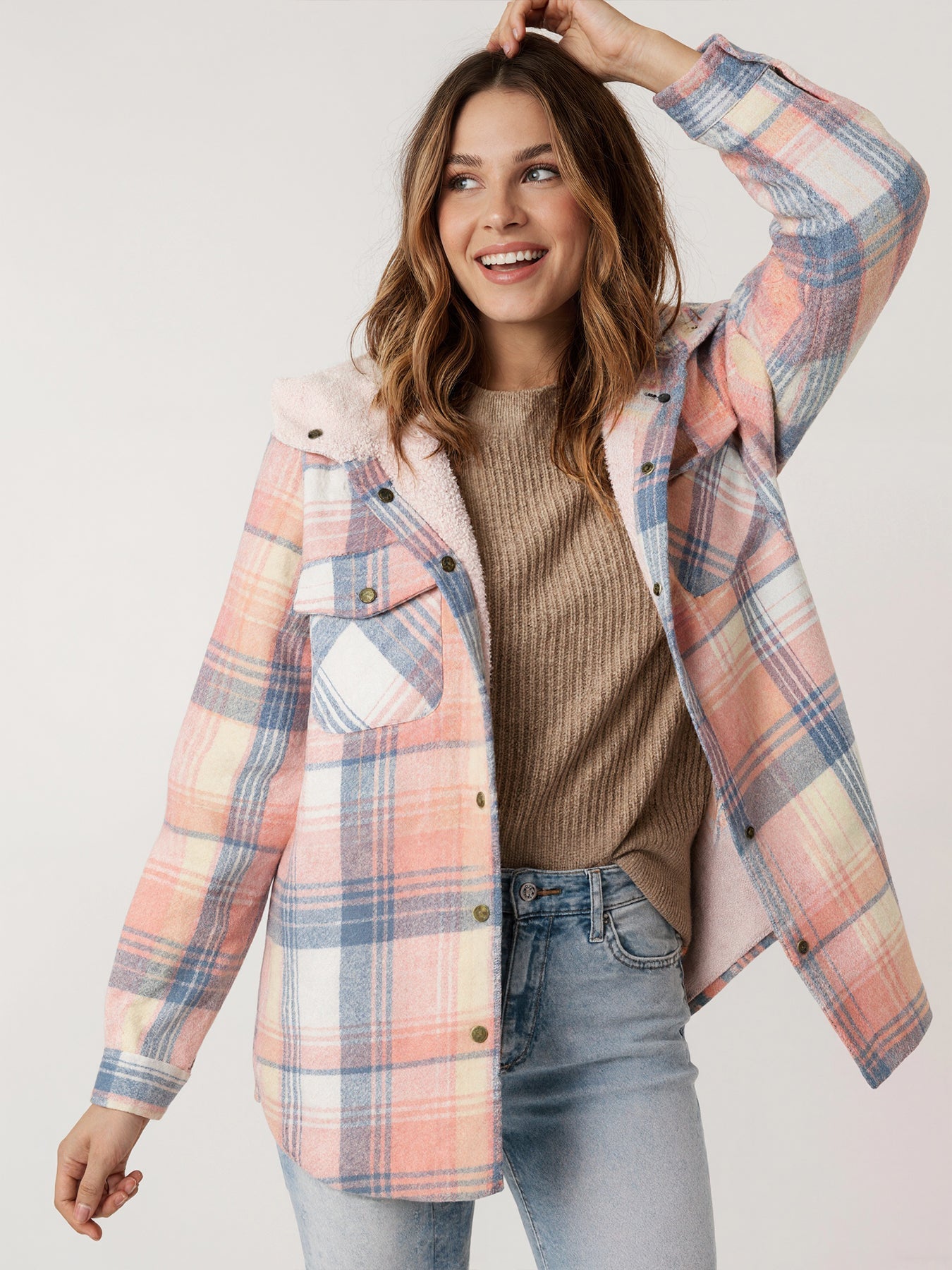 Women's Fleece-Lined Plaid Hooded Jacket with Pockets – Pink
