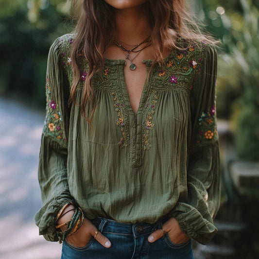 Women's Embroidered Floral Cotton Top with Bishop Sleeves – Green
