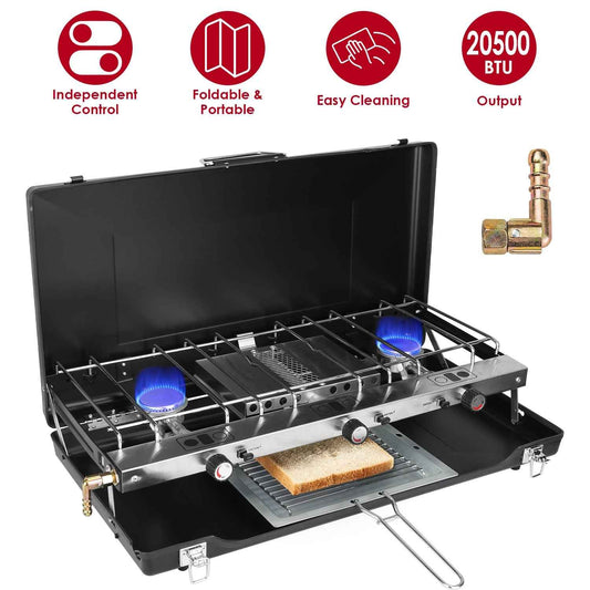 3-Burner Portable Propane Camping Stove – 20,500 BTU, Foldable with Windshield, Oil Tray & Grilling Mesh