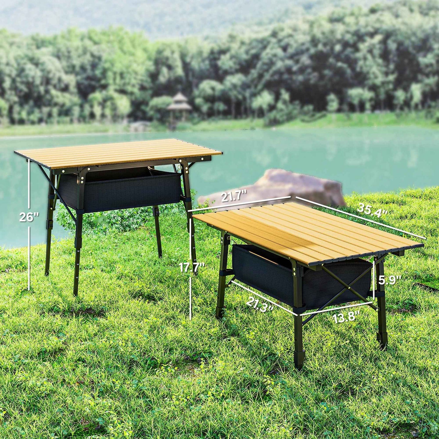Aluminum Folding Camping Table with Storage Basket – Adjustable Height, 66 lb.