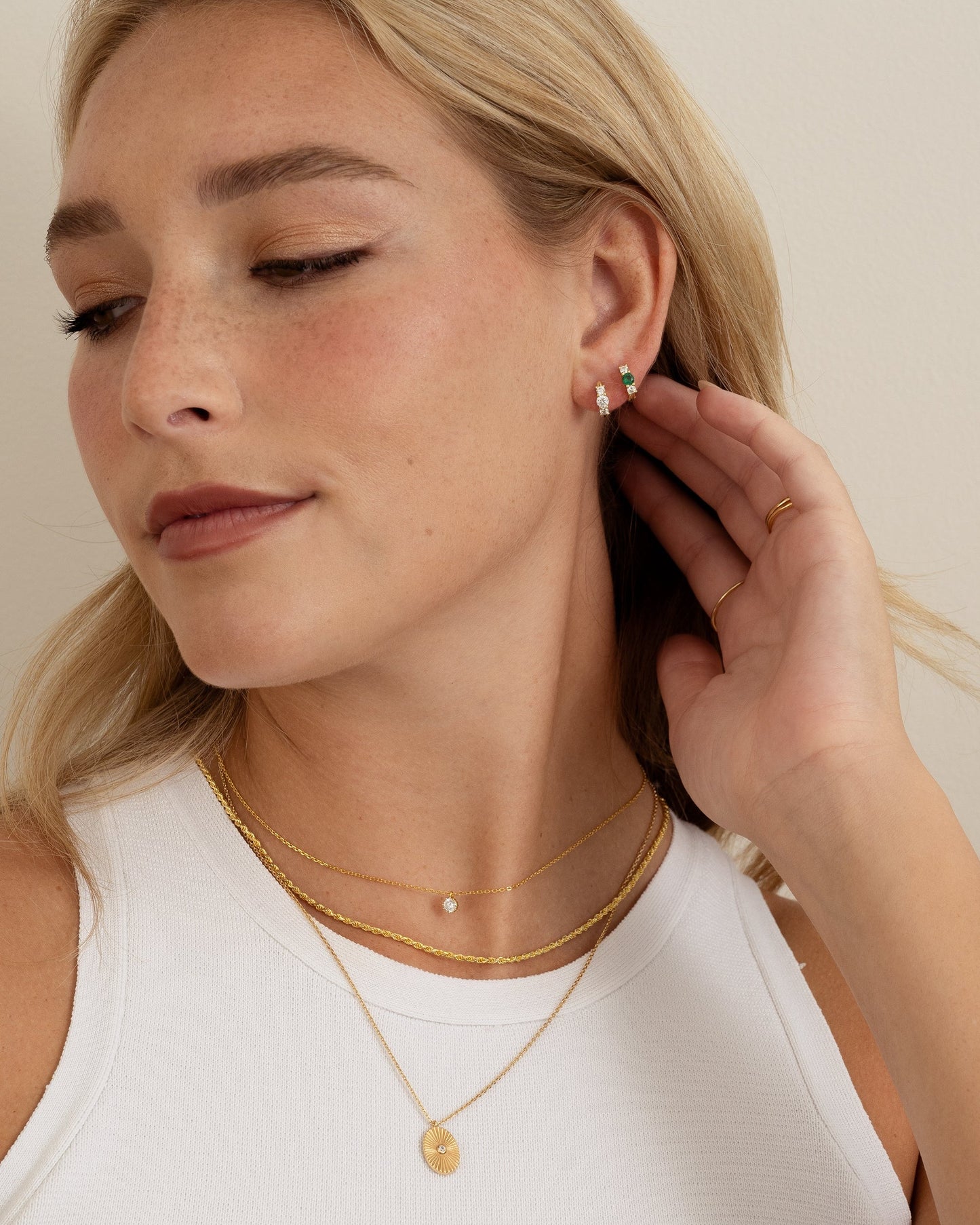 Emerald Three Stone Huggie Hoops