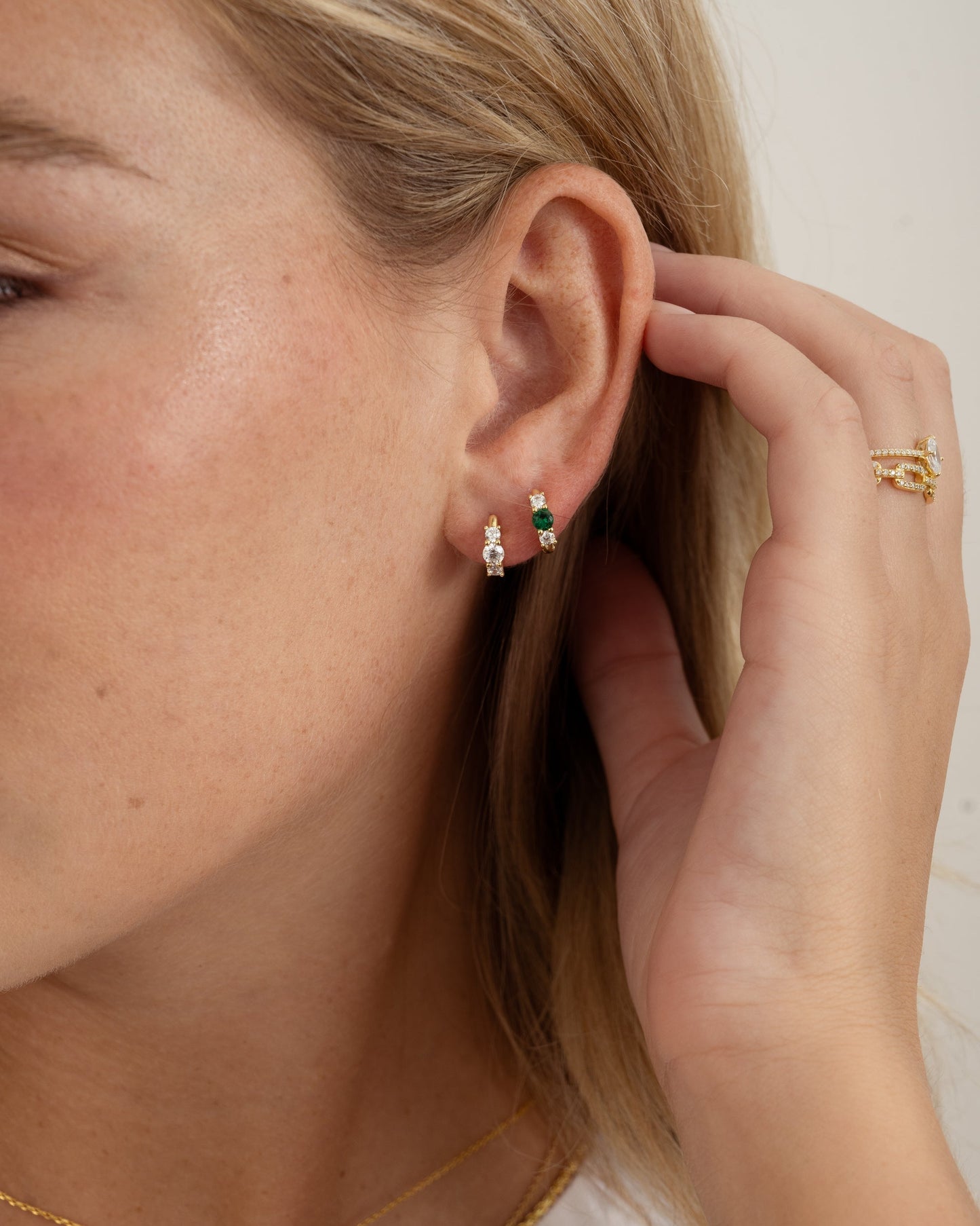 Emerald Three Stone Huggie Hoops