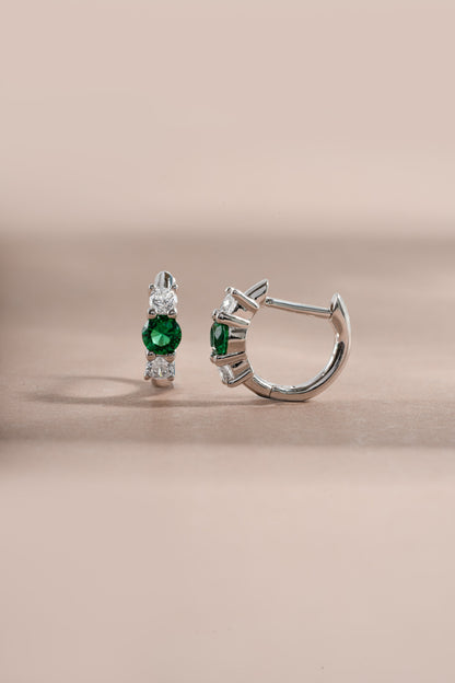 Emerald Three Stone Huggie Hoops