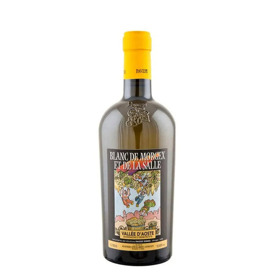 White wine bottle with yellow cap and label reading “Blanc de Morgex et de la Salle”