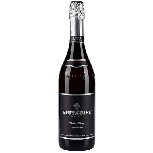 Sparkling wine bottle with dark glass, silver foil capsule, branded label