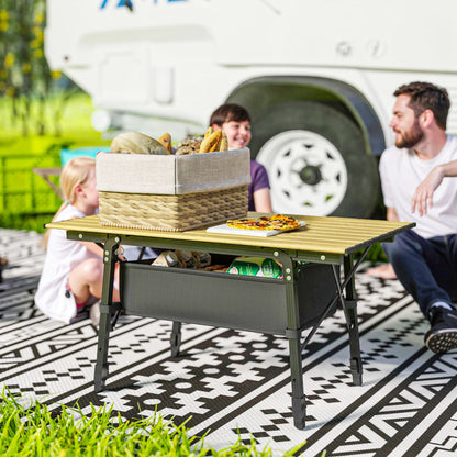 Aluminum Folding Camping Table with Storage Basket – Adjustable Height, 66 lb.