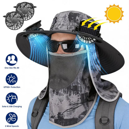 Solar & USB Fan Hat – UPF50, Wide Brim, Face Cover & Neck Flap, 4 Colors