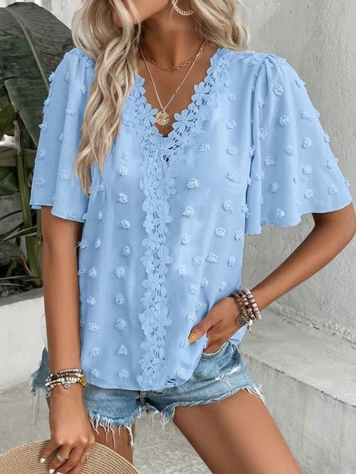 üî• Elegant Swiss Dot Lace Butterfly Sleeve Shirt, Long Sleeve Commuter Top, Loose Fit Casual Summer Blouse for Women