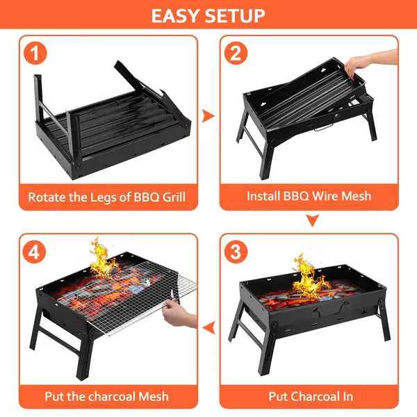 Foldable Portable Charcoal BBQ Grill – 17" Stainless Steel Cooking Grate, Ash Catcher, Folds Flat for Camping & Picnics