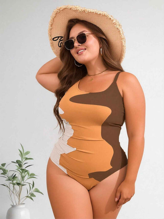 Women's Plus Size Earth Tone Color Block One-Piece Swimsuit