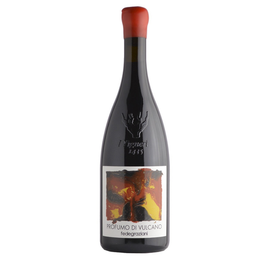Wine bottle with dark glass and red cap, labeled Profumo di Vulcano