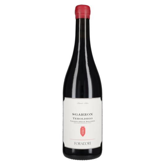Foradori Teroldego wine bottle with red foil and cream label