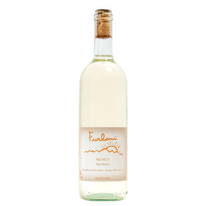 Furlani Bianco wine bottle with beige label and cork, clear glass