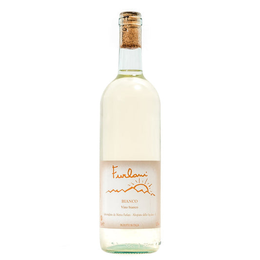 Furlani Bianco wine bottle with beige label and cork, clear glass