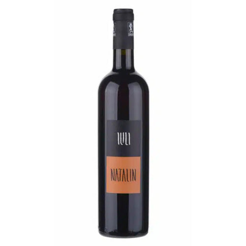 Dark glass wine bottle with black cap; orange and white Natalin label