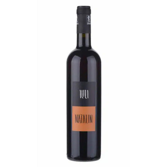 Dark glass wine bottle with black cap; orange and white Natalin label
