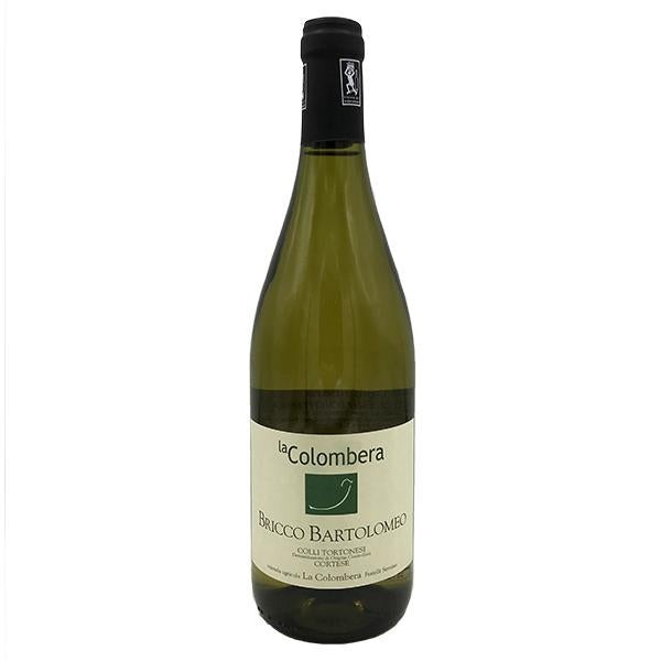 Green glass wine bottle with black cap, laColombera Bricco Bartolomeo label